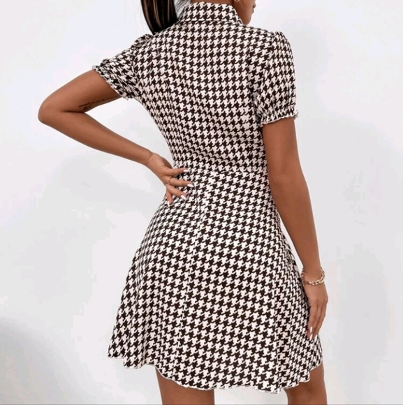 NEW Houndstooth Choker Lapel Neck Puff sleeve dress - Picture 3 of 4